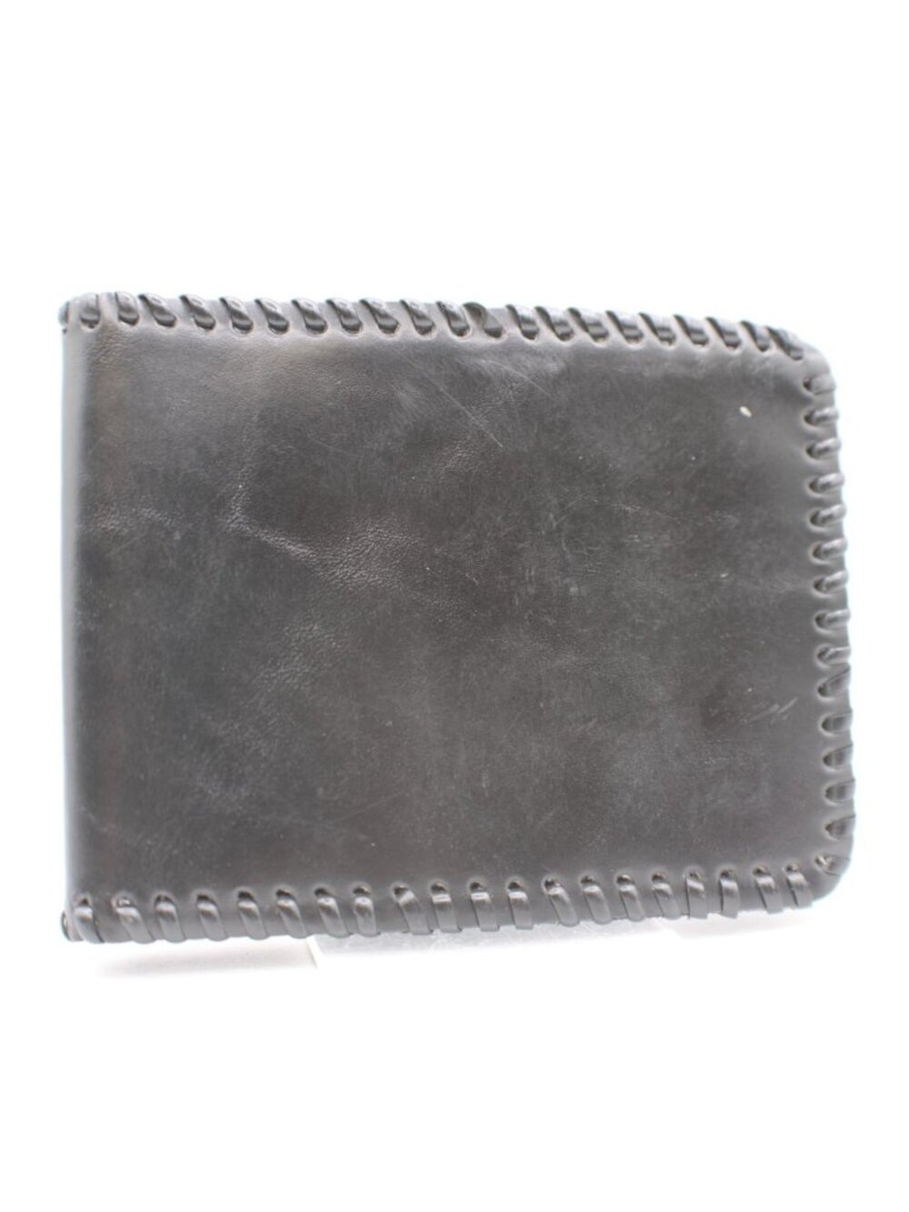 Large Stitched Border Black Leather Bi-Fold Wallet ID Window Card Slots Vintage